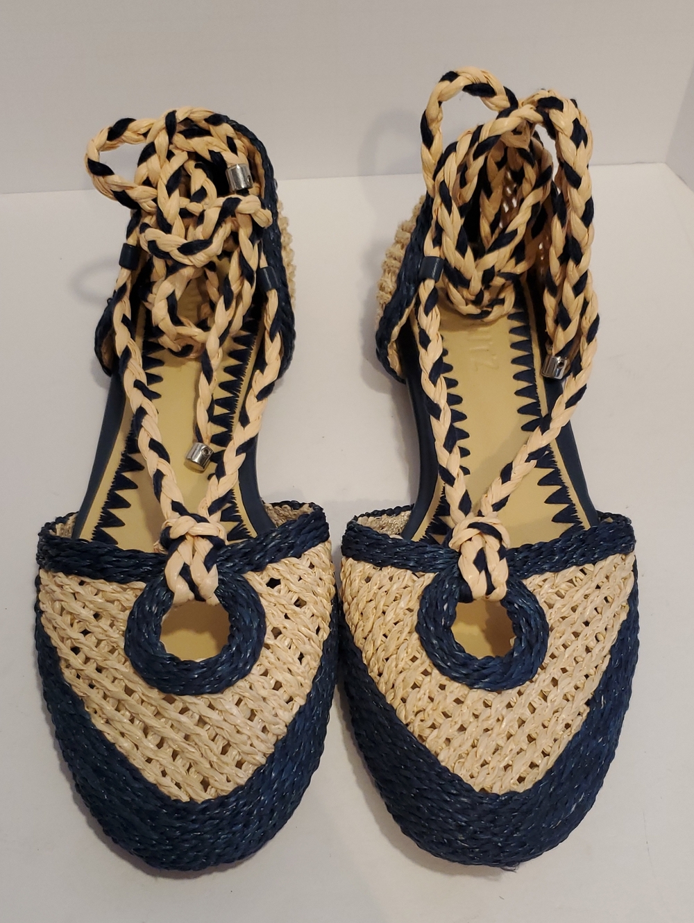 Schutz Jessel Flat Sandal Navy and Tan Straw Flats Size 6B - Picture 3 of 10